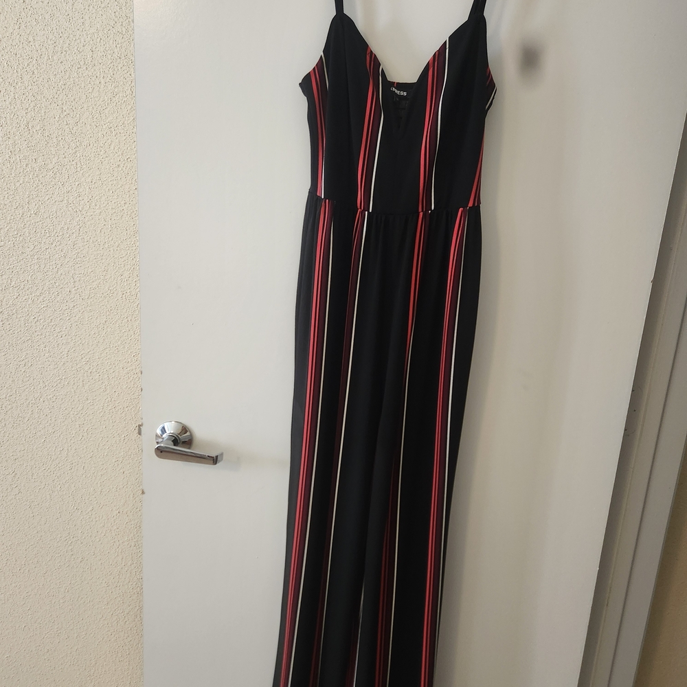 Express Black Jumpsuit with Red and White Stripes